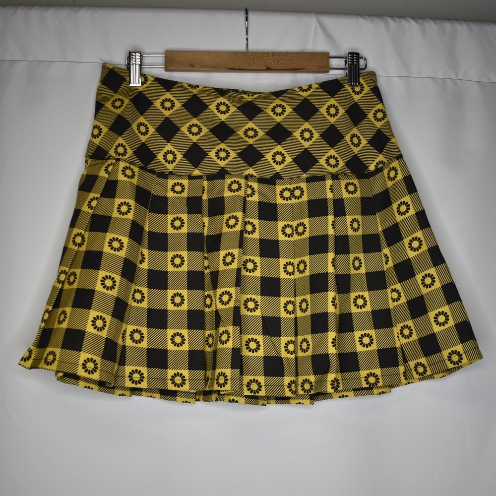 Hot Topic Women's Skirt Pleated Mini Flower Floral Yellow Black Zip